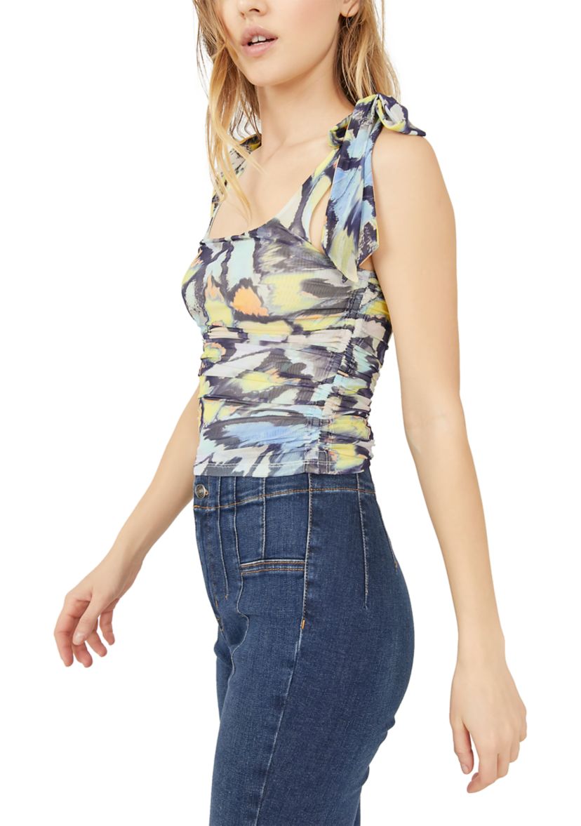 Sleeveless Bow Strap Abstract Print Top