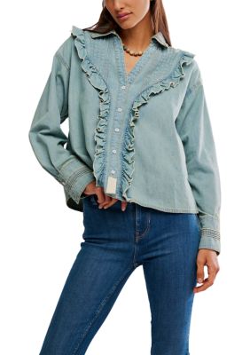 Free People Women's We The Free Tattered And Ruffled Denim Top