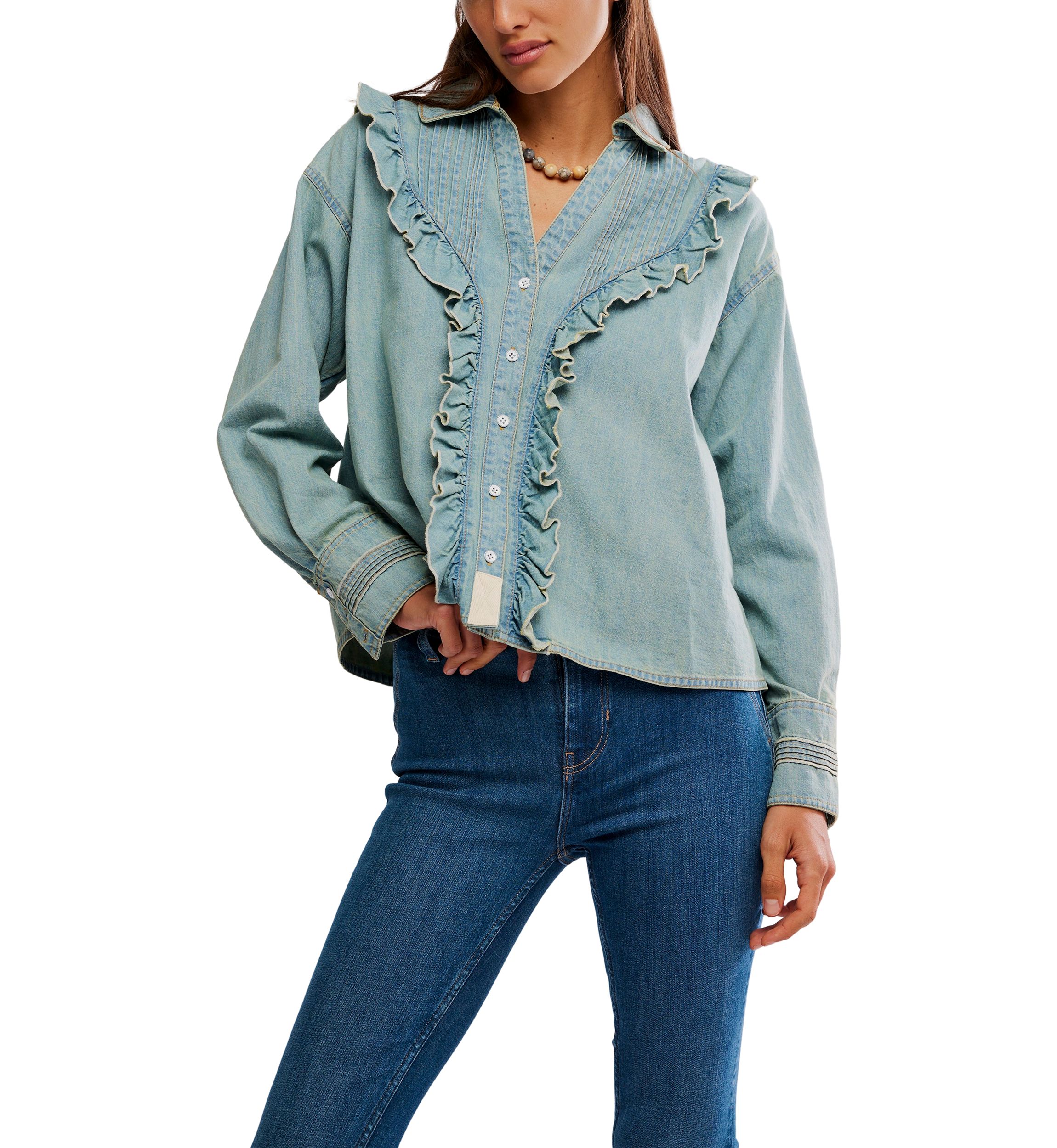 We The Free Tattered And Ruffled Denim Top