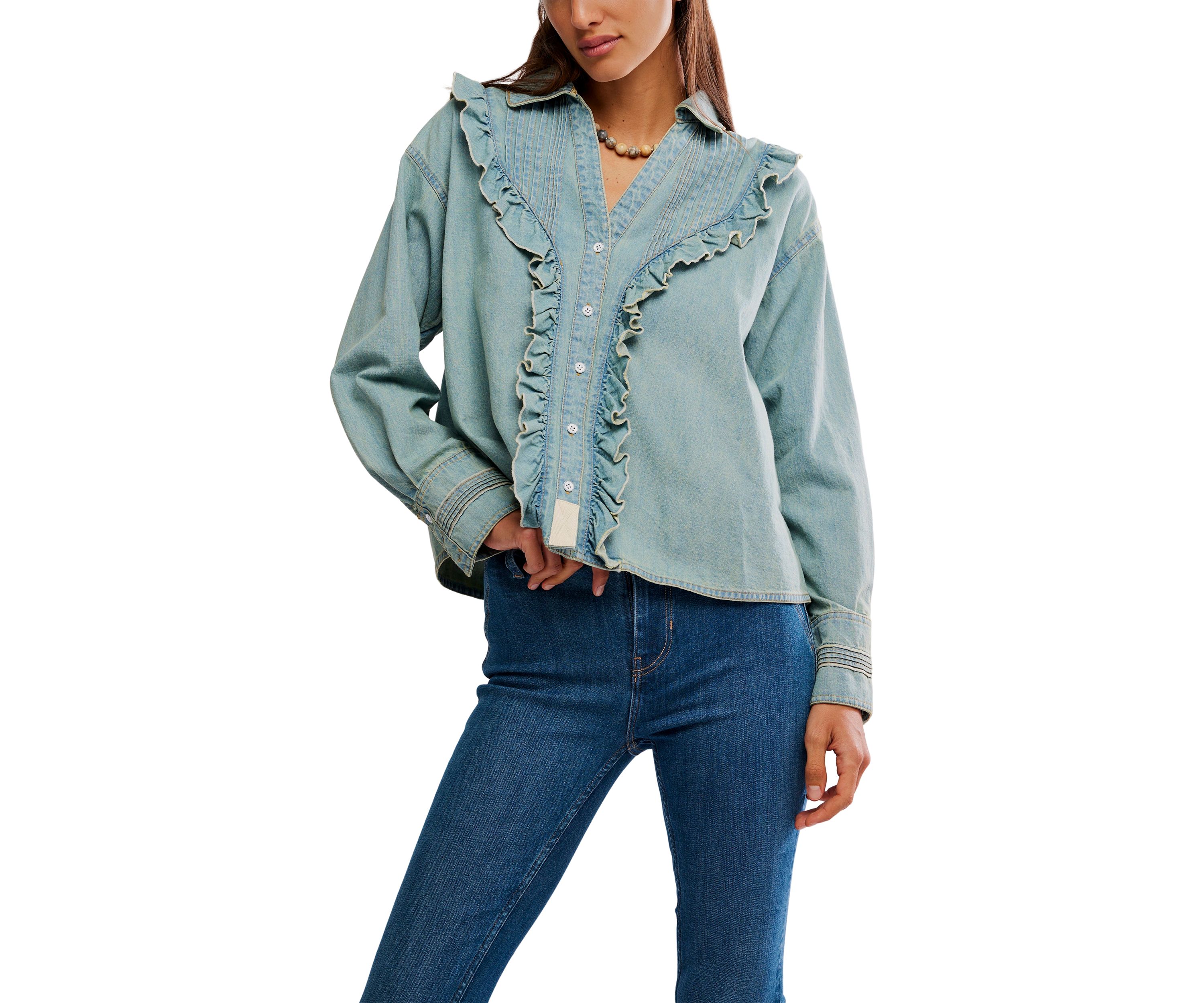 We The Free Tattered And Ruffled Denim Top