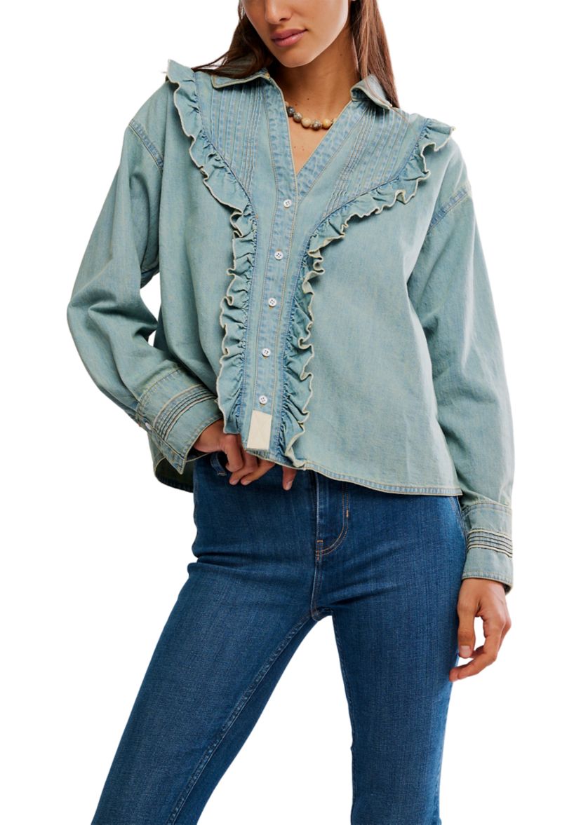 We The Free Tattered And Ruffled Denim Top
