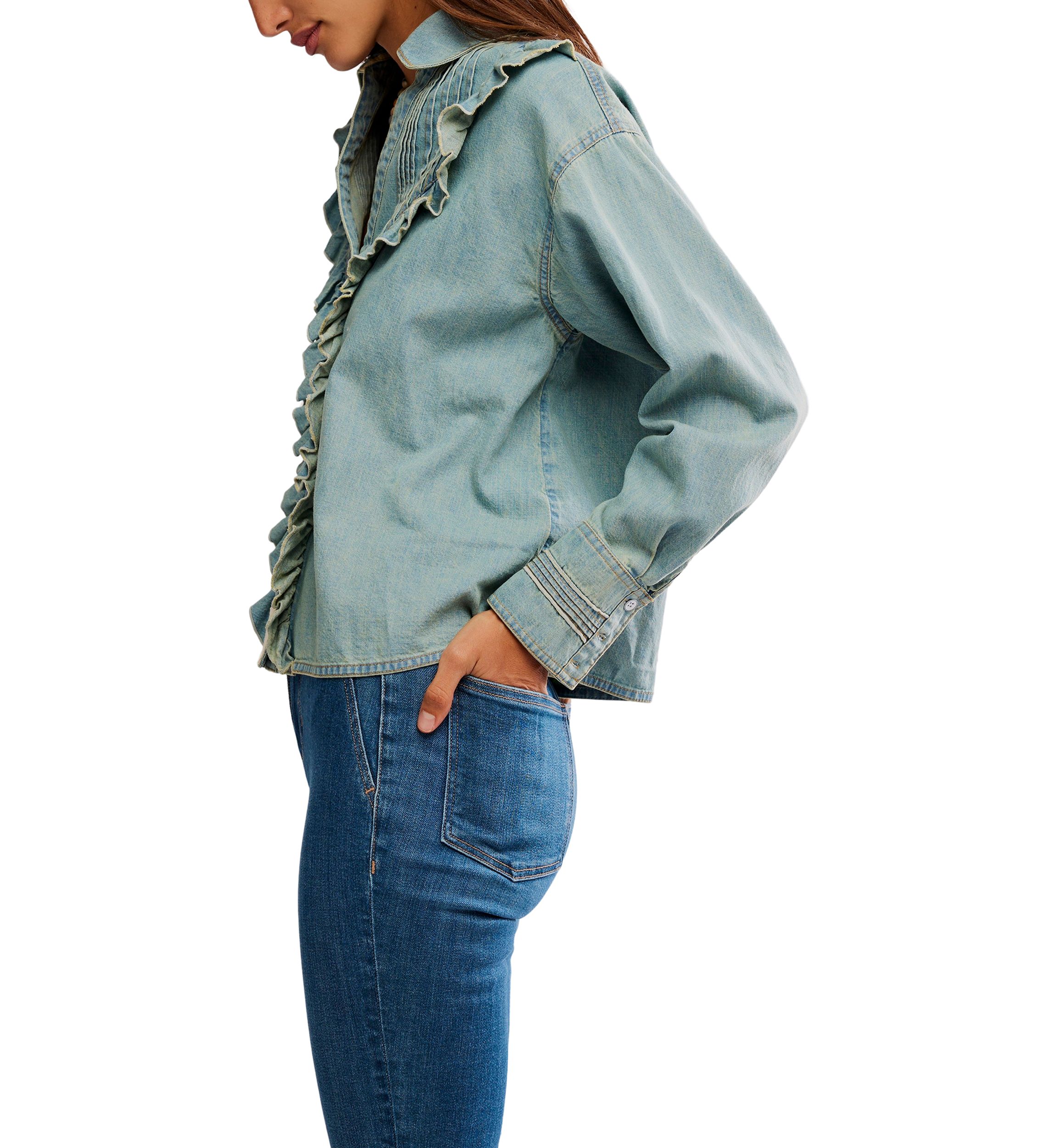 We The Free Tattered And Ruffled Denim Top