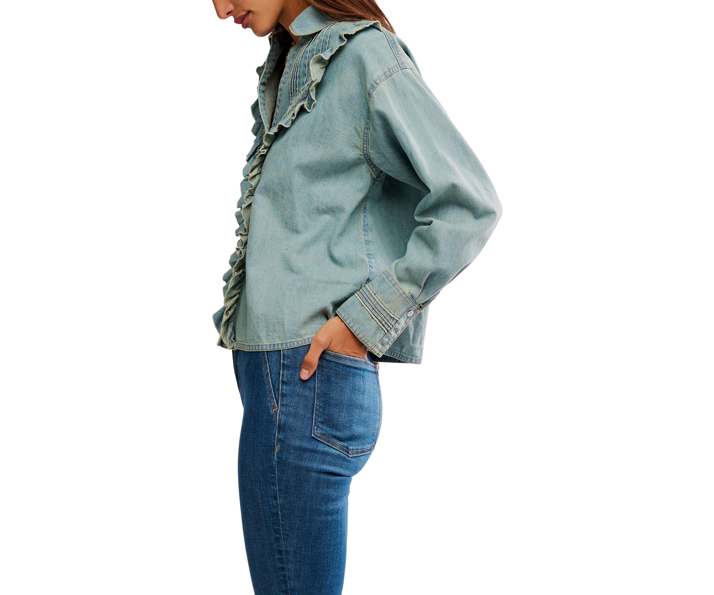 We The Free Tattered And Ruffled Denim Top