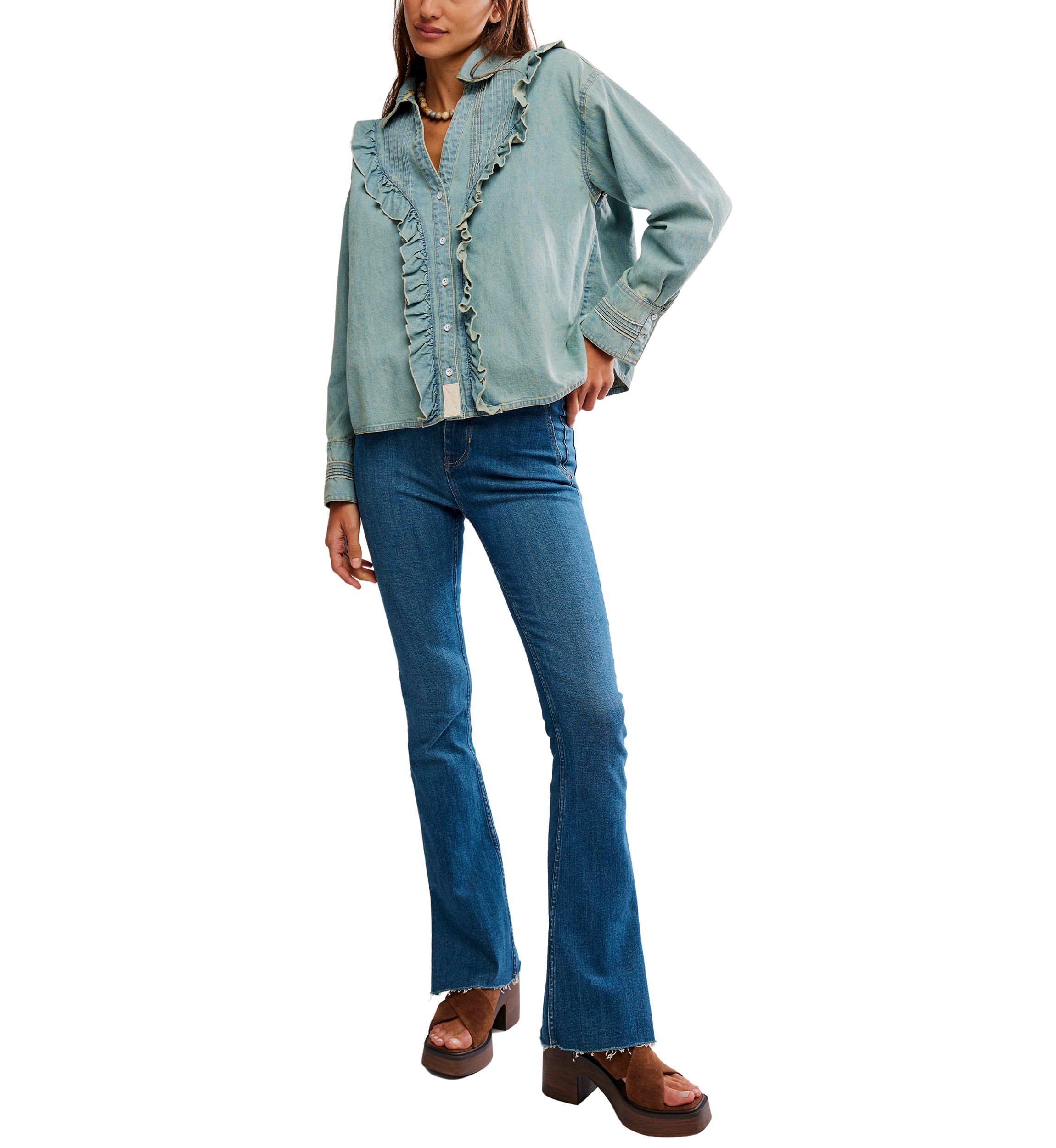 We The Free Tattered And Ruffled Denim Top