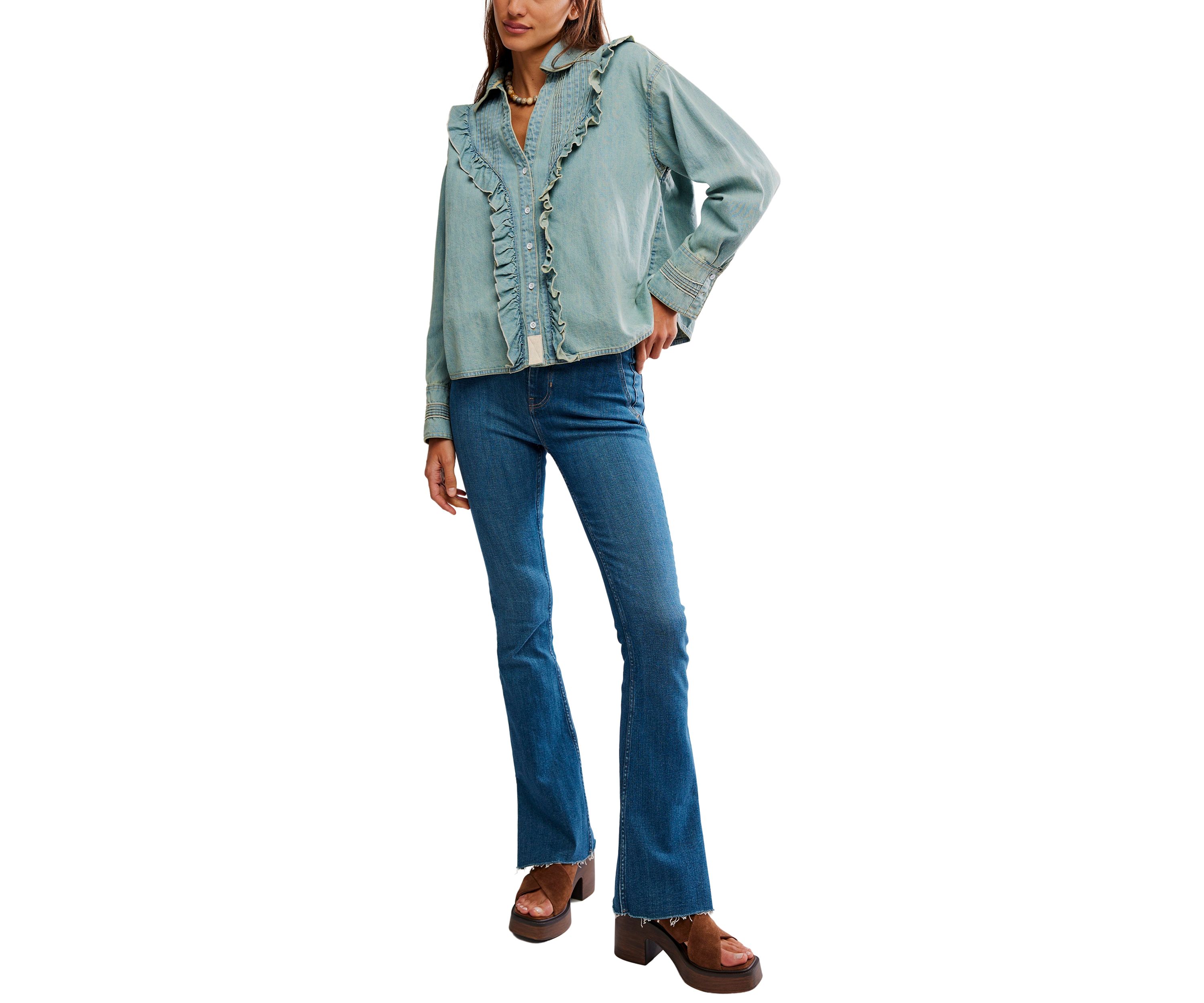 We The Free Tattered And Ruffled Denim Top