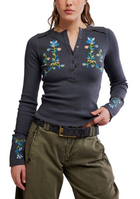 Free People Women's Fleur Embroidered Cuff Henley Top