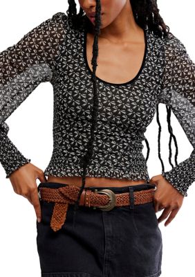 Free People Women's Dottie Printed Long Sleeve Knit Top, Black, XS