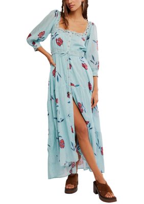 Free People Women's Morning Meadows Long-Sleeve Maxi Dress, Blue, Medium