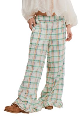 Free People Women's Hour Glass Plaid Wide Leg Pants, Ivory, Small