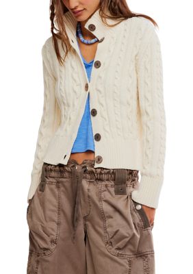 Free People Women's Cable Knit Collared Cardigan, Ivory, Small