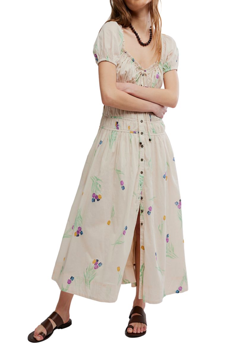 midi dress near me Ulla Johnson | Women's Alexi Midi Dress in Beige Floral Print Short Sleeve Dress Size 10 | Evening Dress main image 1