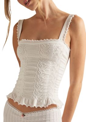 Free People Women's So Soft Frill Square Neck Tank Top, Ivory, M/L