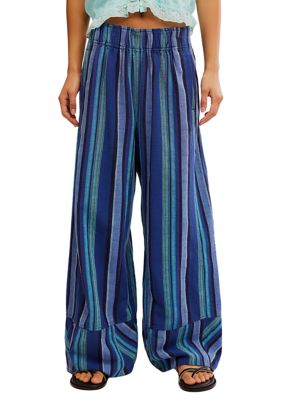 Free People Women's Day's End Linen Striped Pull-On Pants, Navy Blue, Large