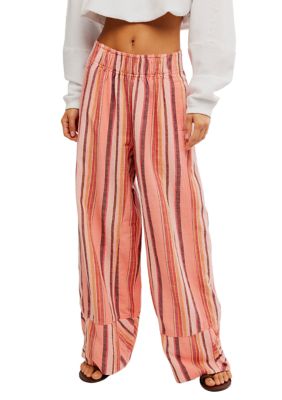 Free People Women's Day's End Linen Striped Pull-On Pants, Coral, Small