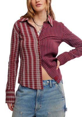 Free People Women's We The Free Benny Slim Plaid Button-Down Shirt, Red, XL