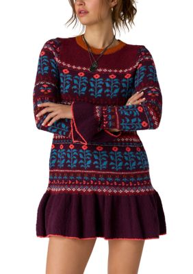 Free People Women's Petal Loom Fair Isle Mini Dress, Burgundy, XL