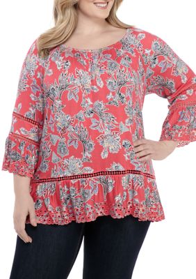Fever Plus Size Bell Sleeve Knit Peasant Top with Embroidery | belk