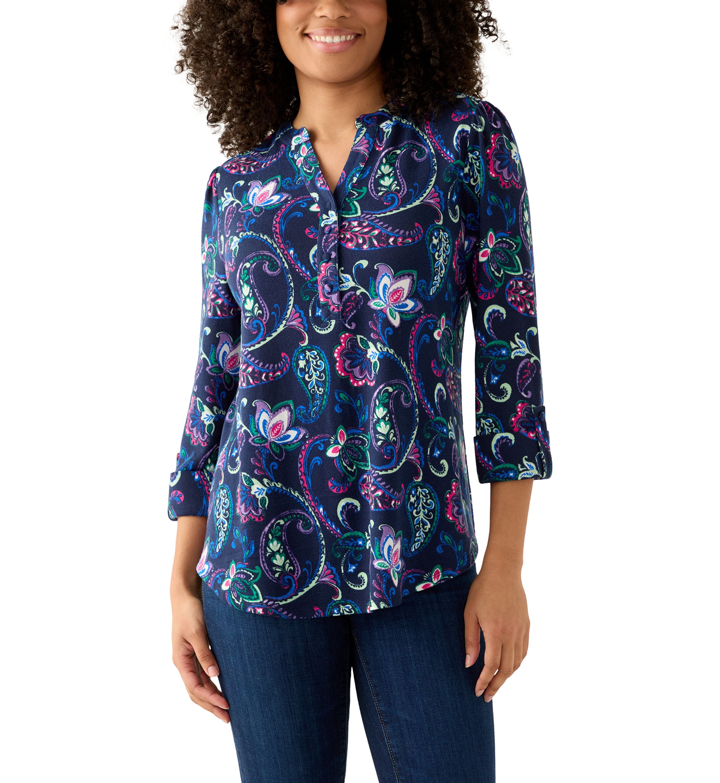 3/4 Sleeve Hacci Henley Printed Top