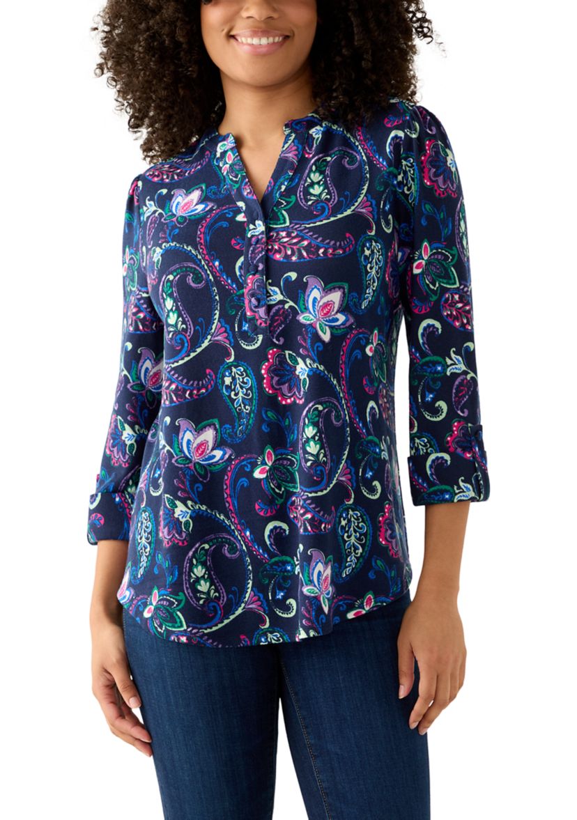 3/4 Sleeve Hacci Henley Printed Top