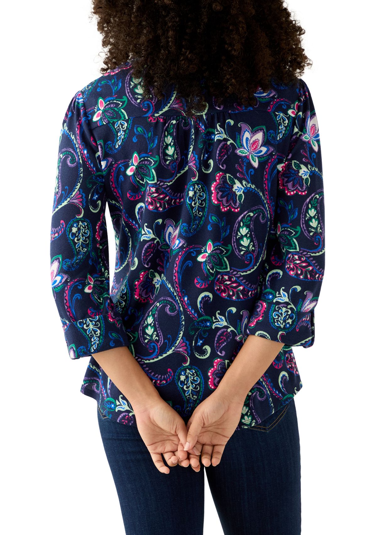 3/4 Sleeve Hacci Henley Printed Top