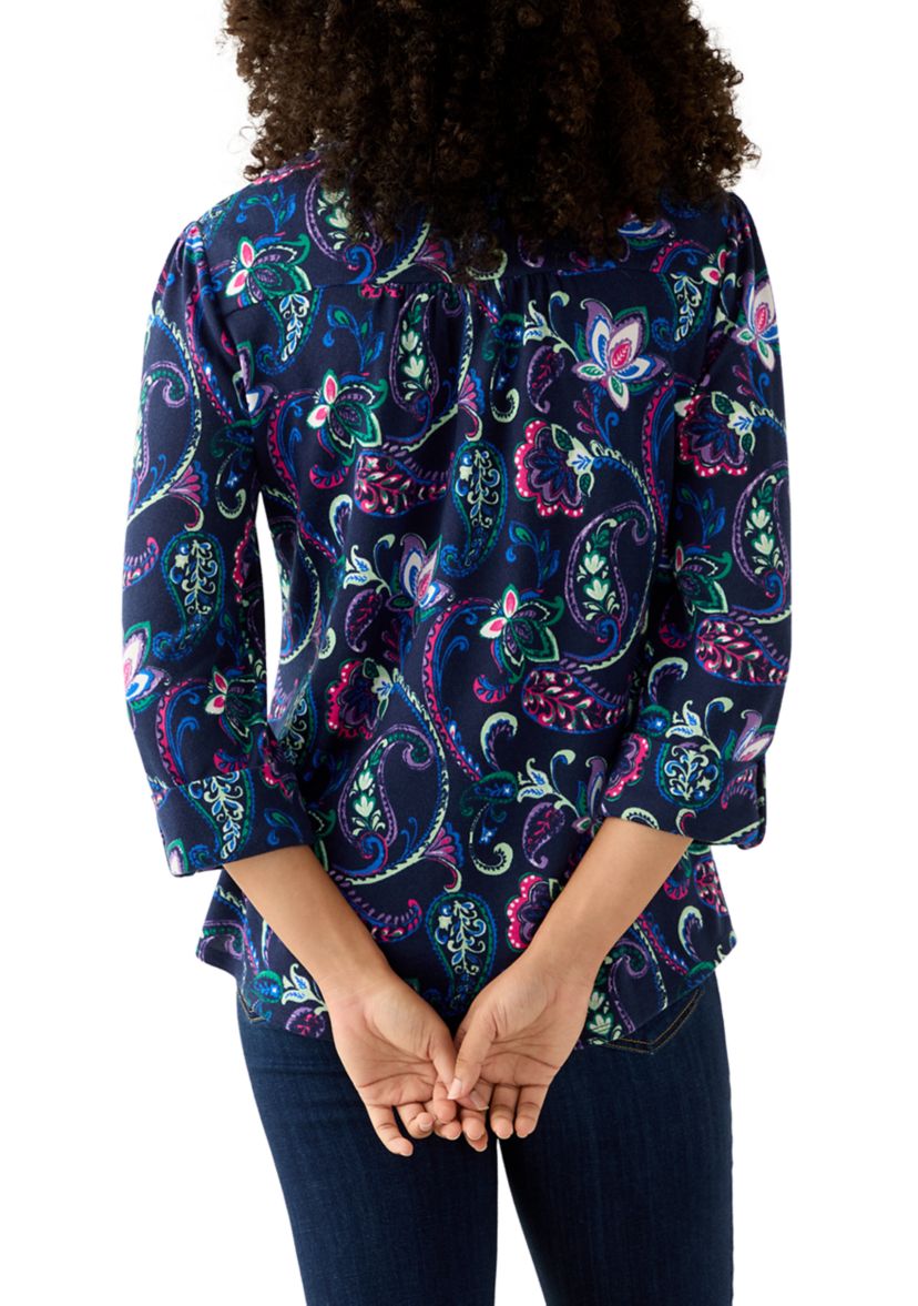 3/4 Sleeve Hacci Henley Printed Top