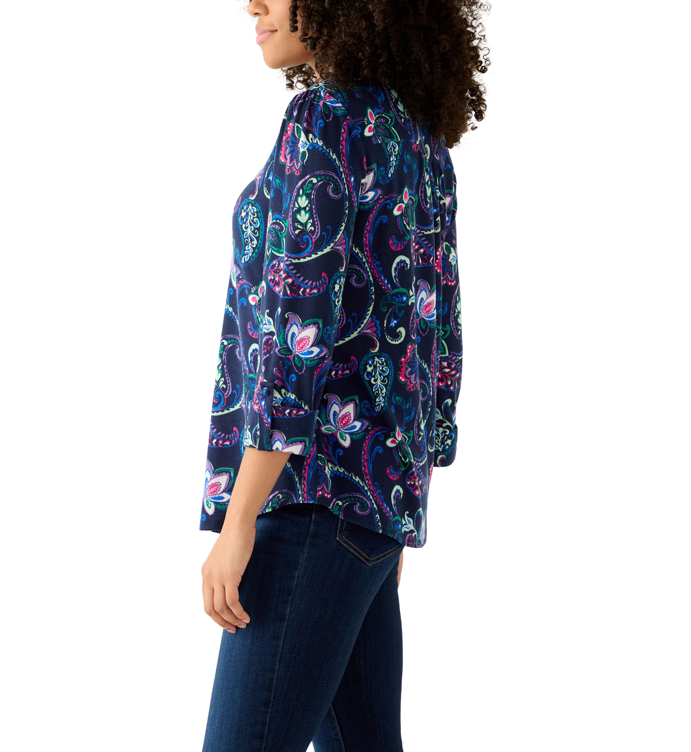 3/4 Sleeve Hacci Henley Printed Top