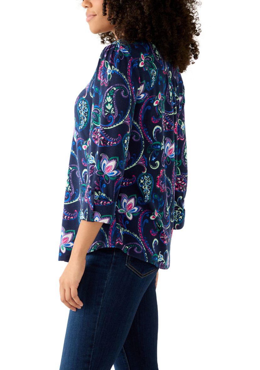 3/4 Sleeve Hacci Henley Printed Top