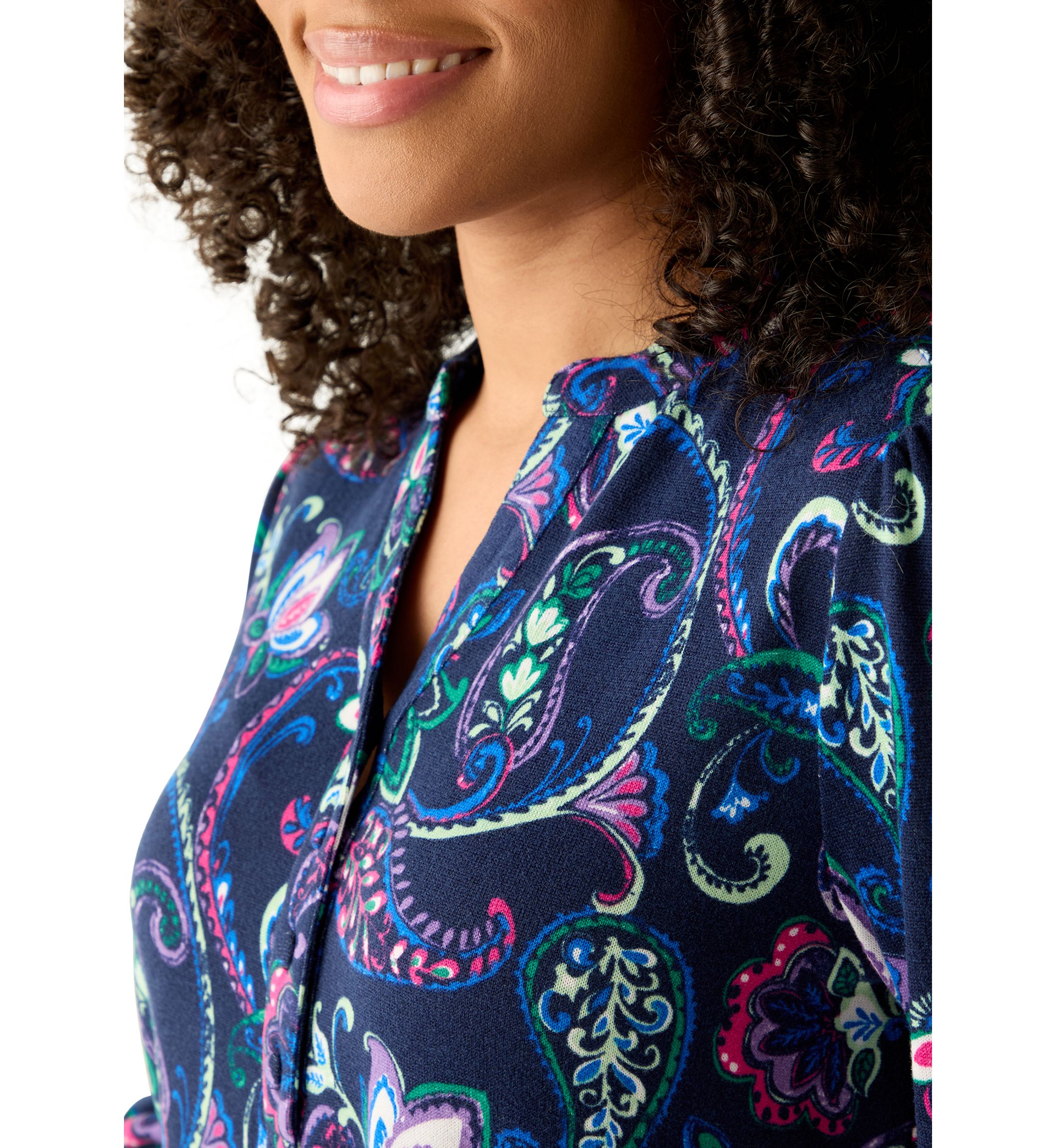 3/4 Sleeve Hacci Henley Printed Top