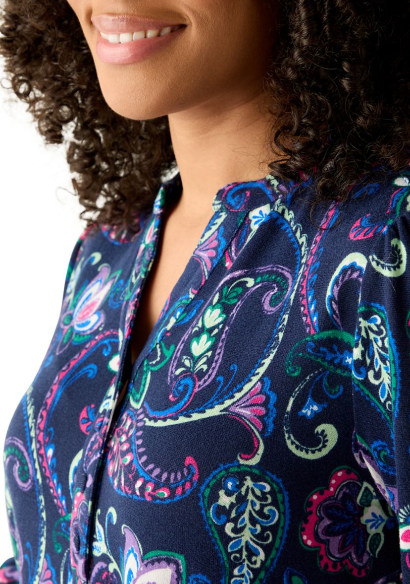 3/4 Sleeve Hacci Henley Printed Top