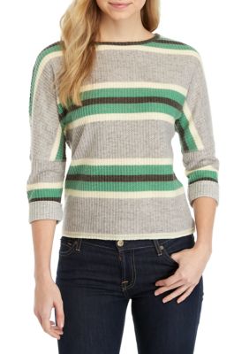 belle du jour 3 4 sleeve striped waffle sweate