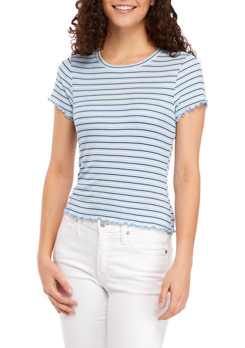  Juniors Short Sleeve Striped  Print T-Shirt 