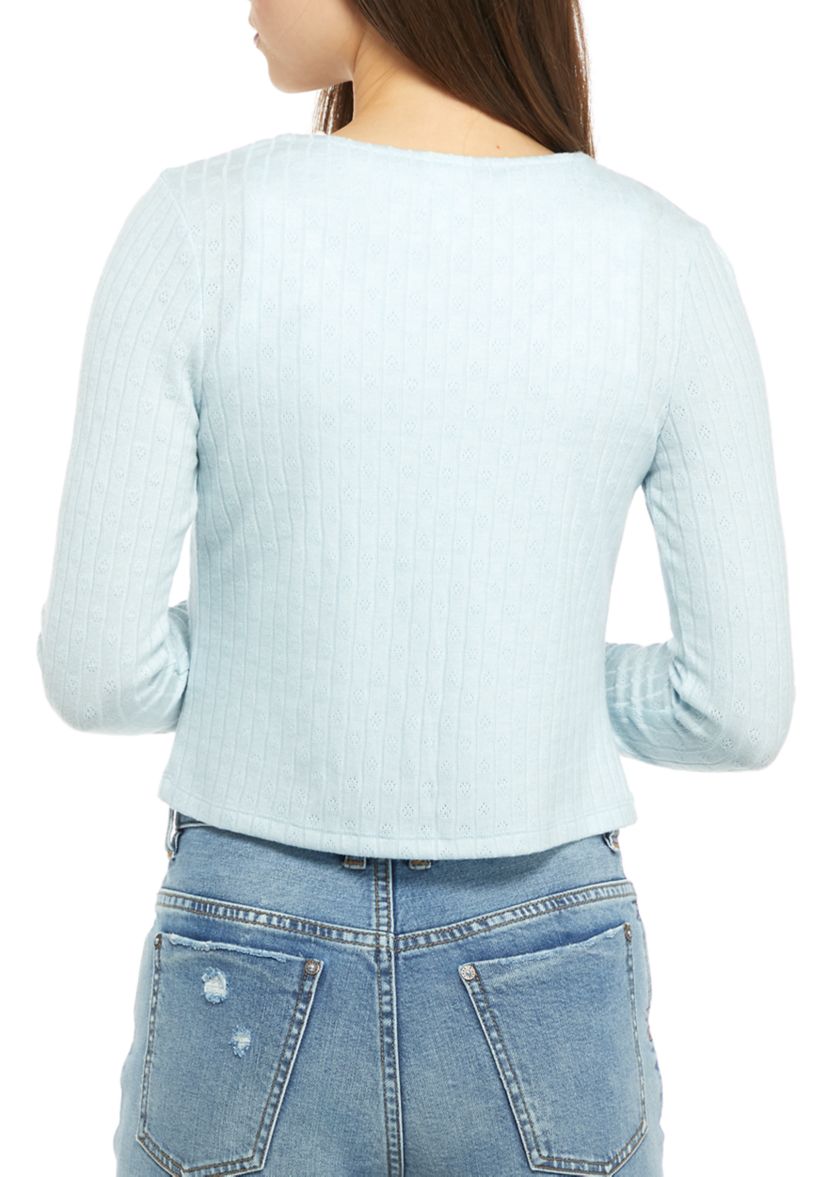 Juniors Long Sleeve Pointelle Tie Front Cardigan 
