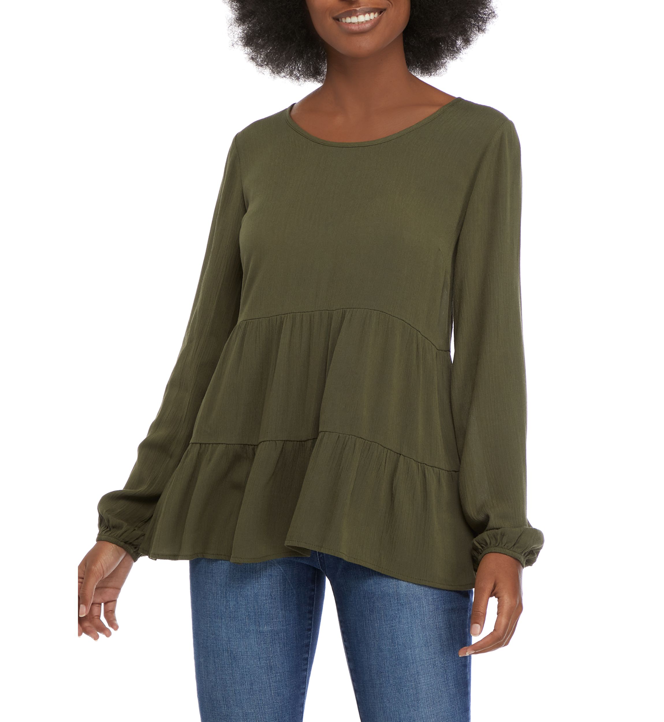 Juniors Long Blouson Sleeve Tiered Top 