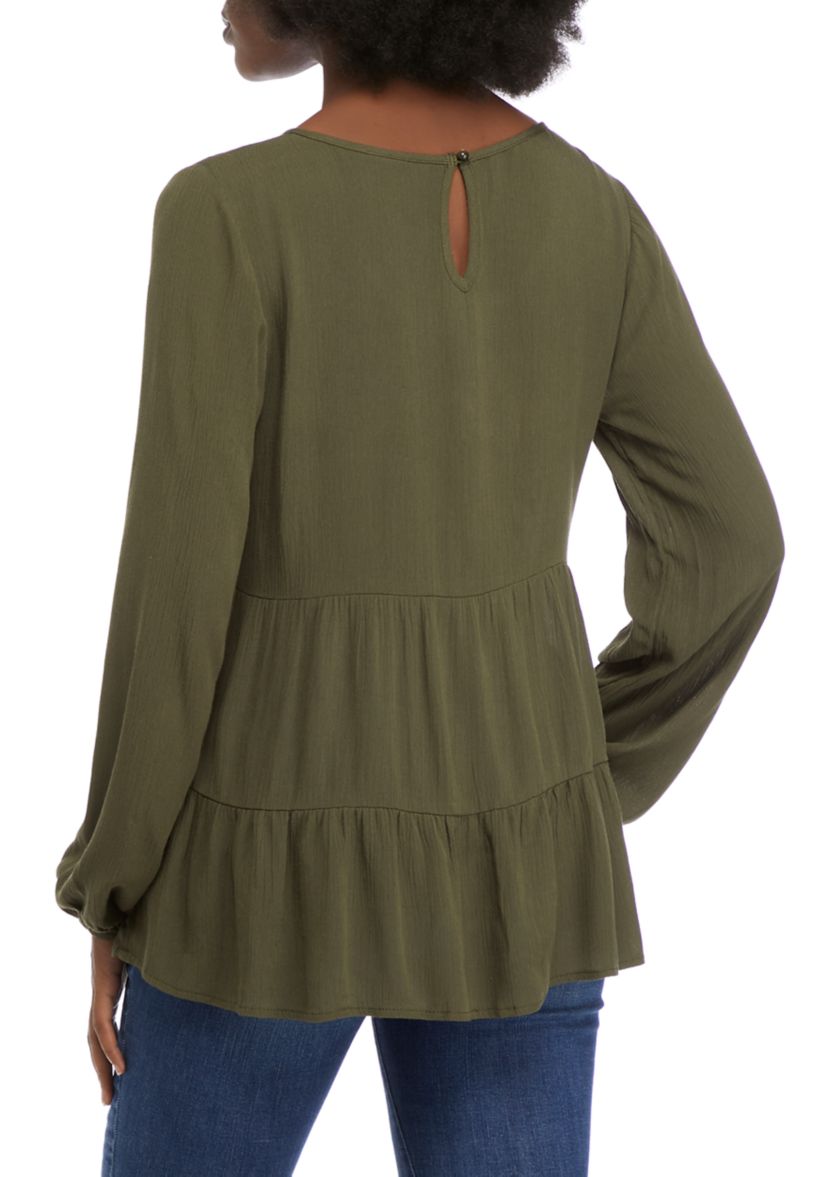 Juniors Long Blouson Sleeve Tiered Top 