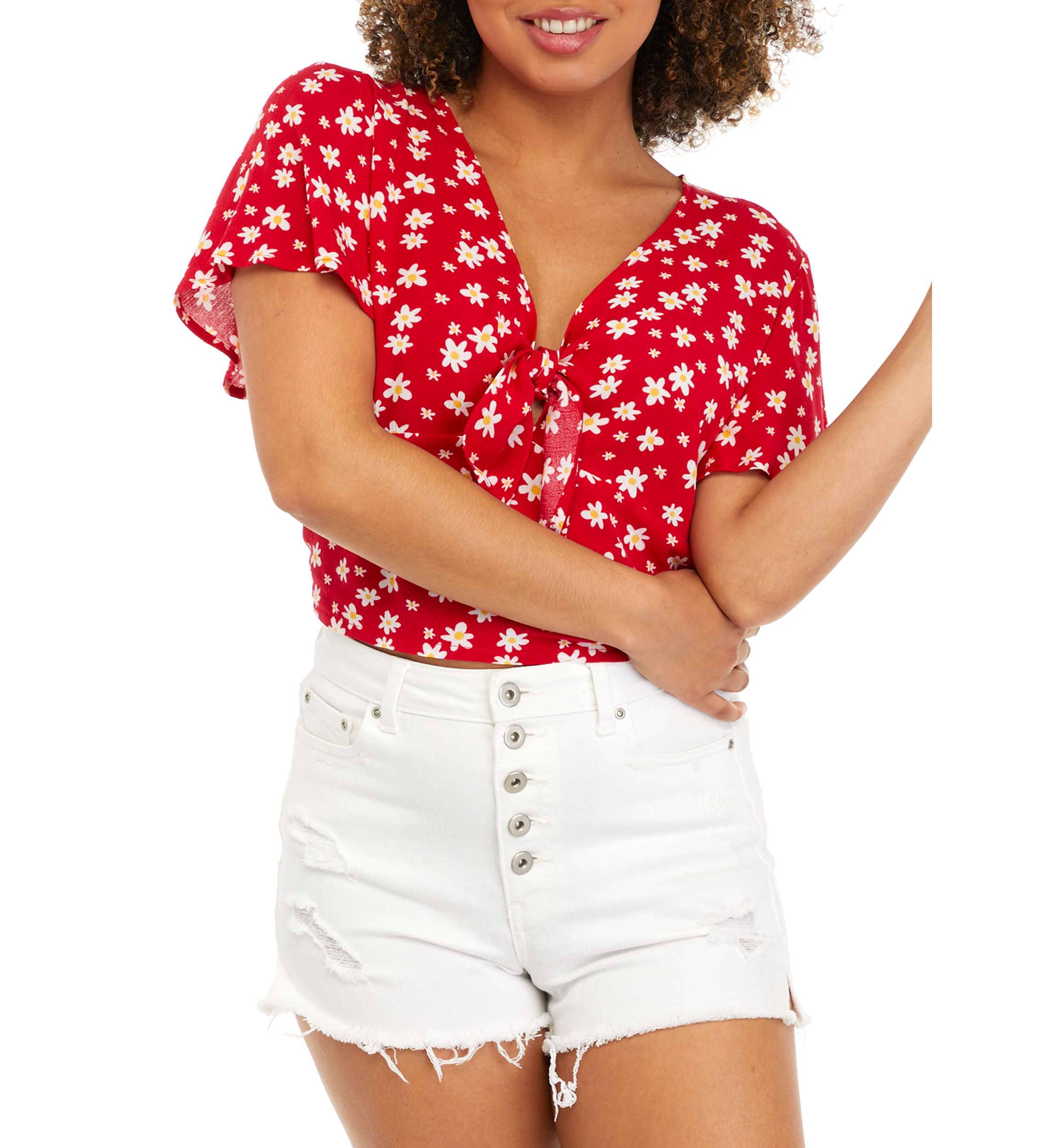 Juniors Printed Tie Front Top 