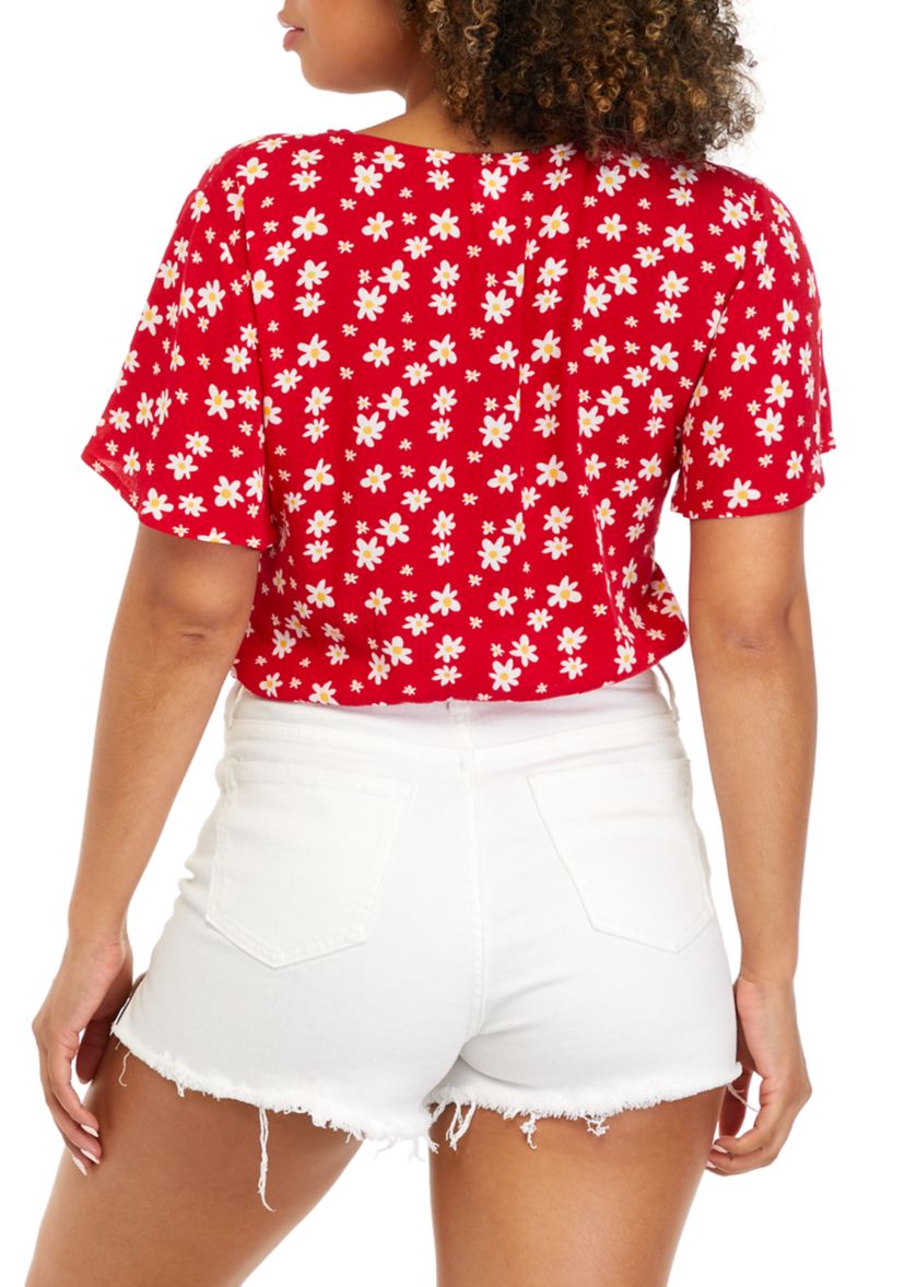 Juniors Printed Tie Front Top 