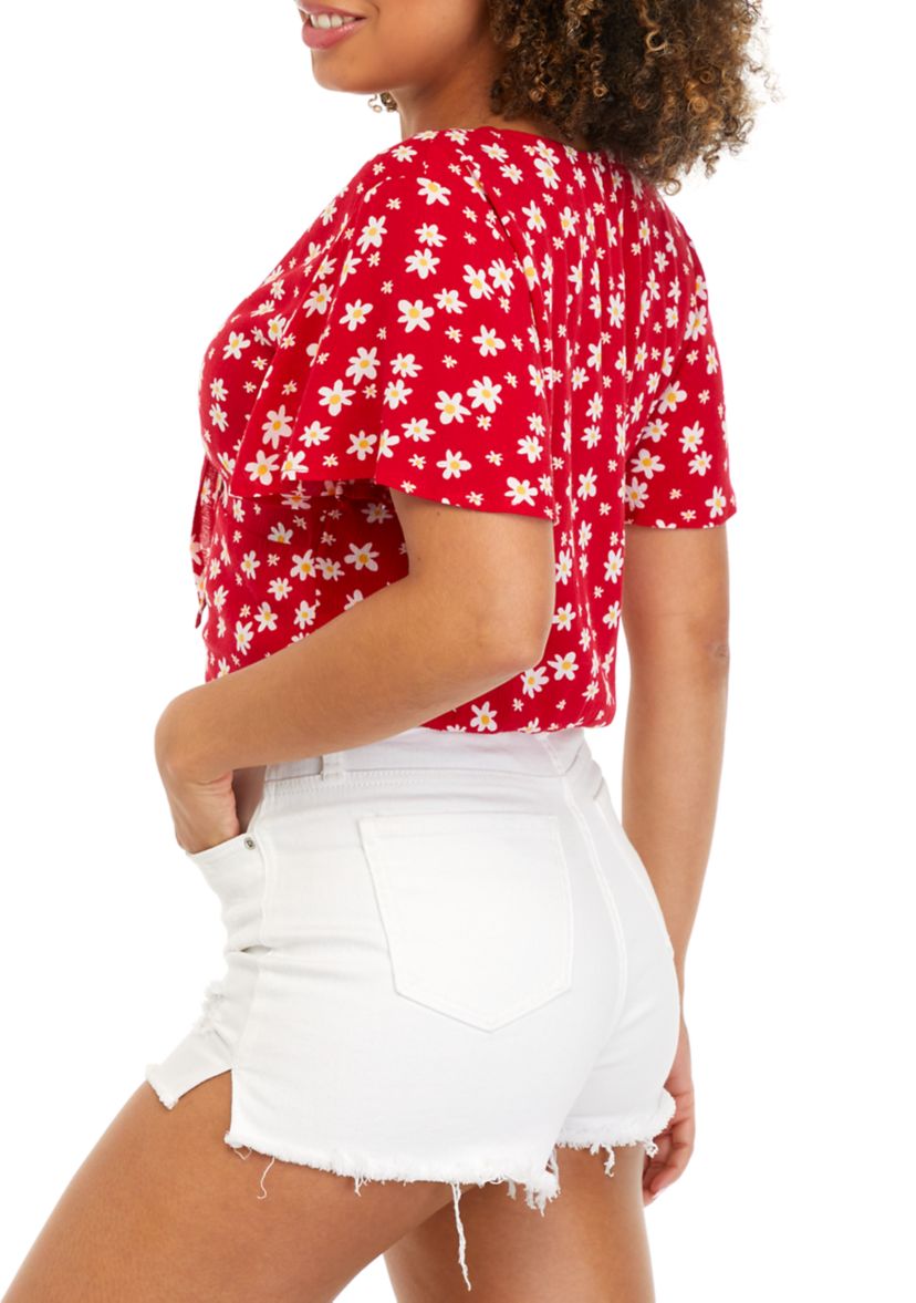 Juniors Printed Tie Front Top 