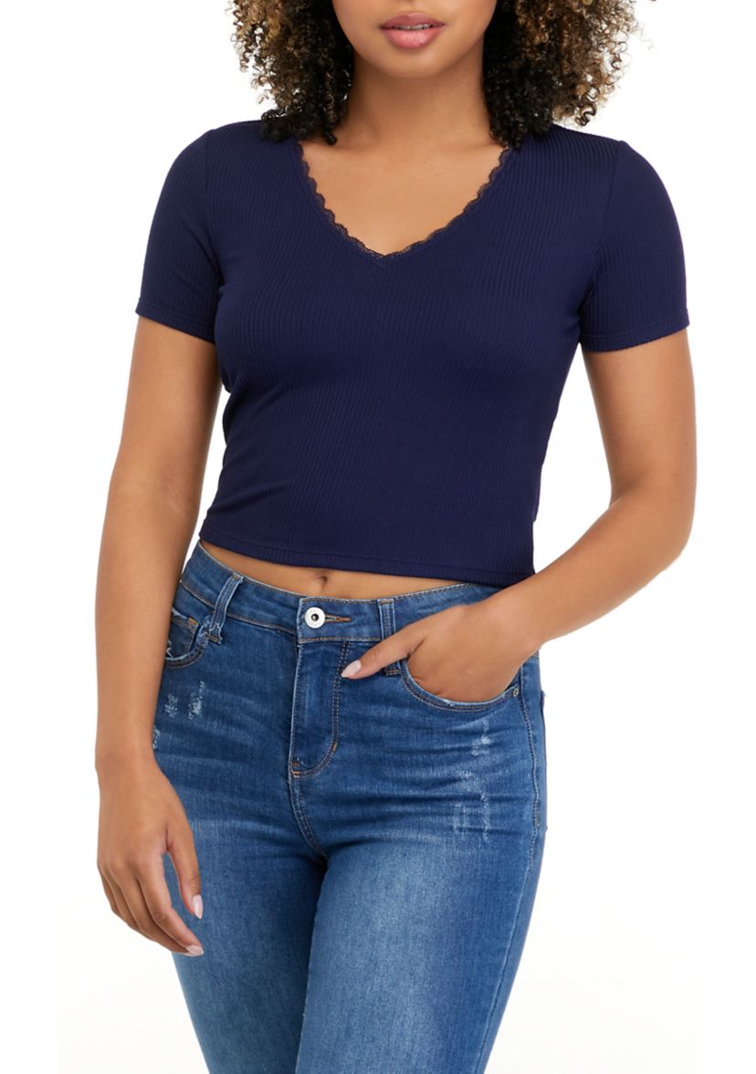 Juniors Short Sleeve V-Neck Tiny T-Shirt 