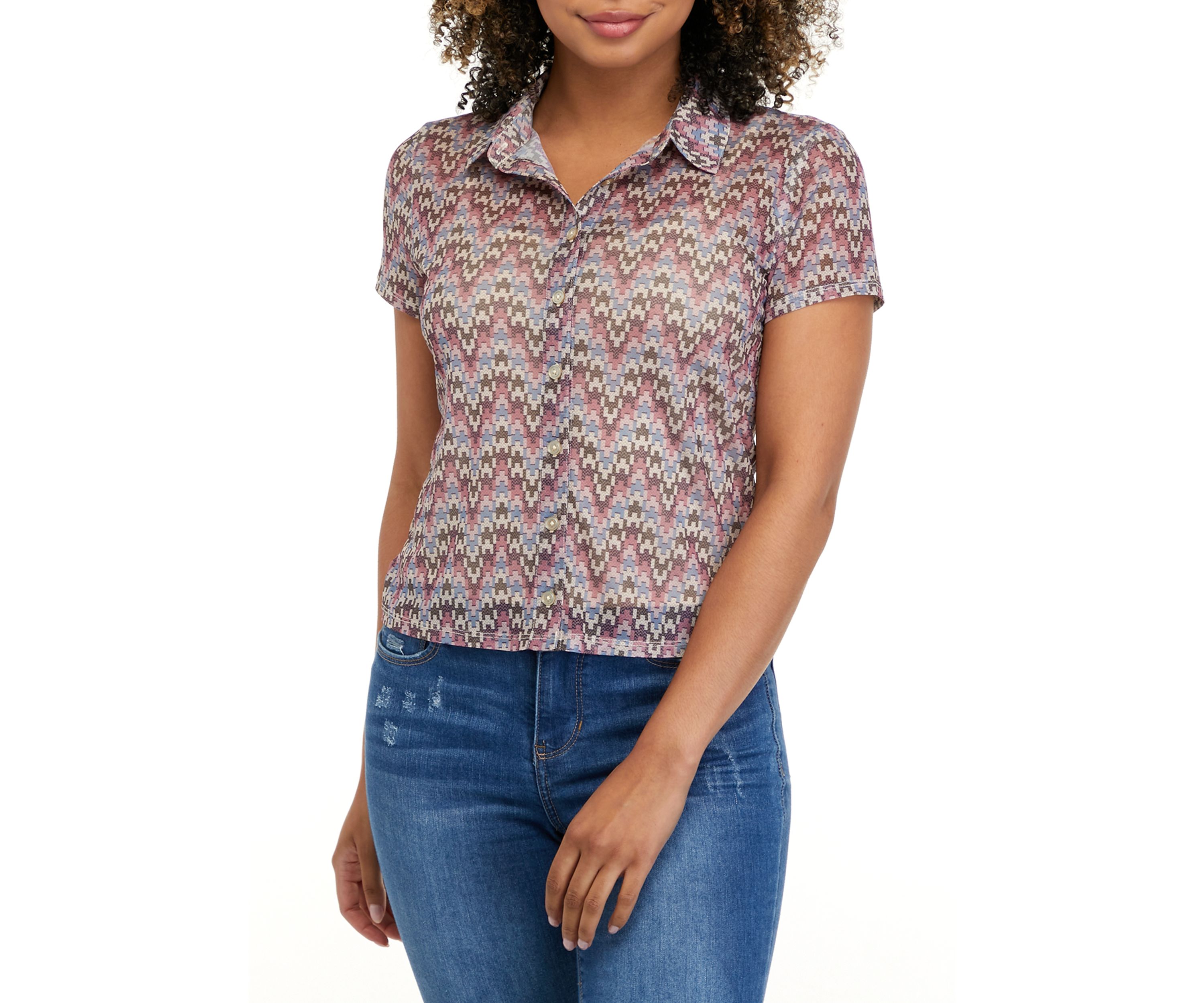 Juniors Short Sleeve Collar Mesh Top 