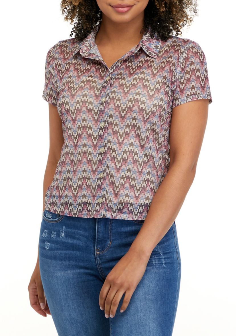 Juniors Short Sleeve Collar Mesh Top 