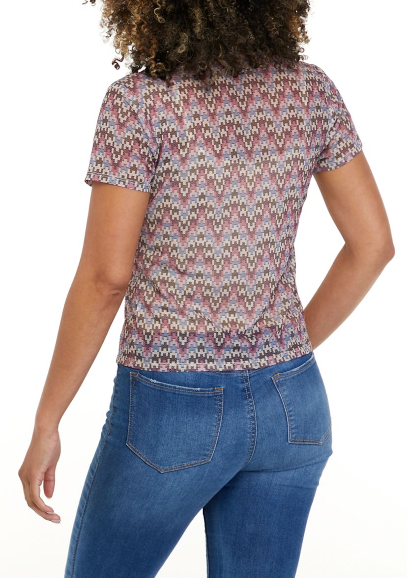 Juniors Short Sleeve Collar Mesh Top 