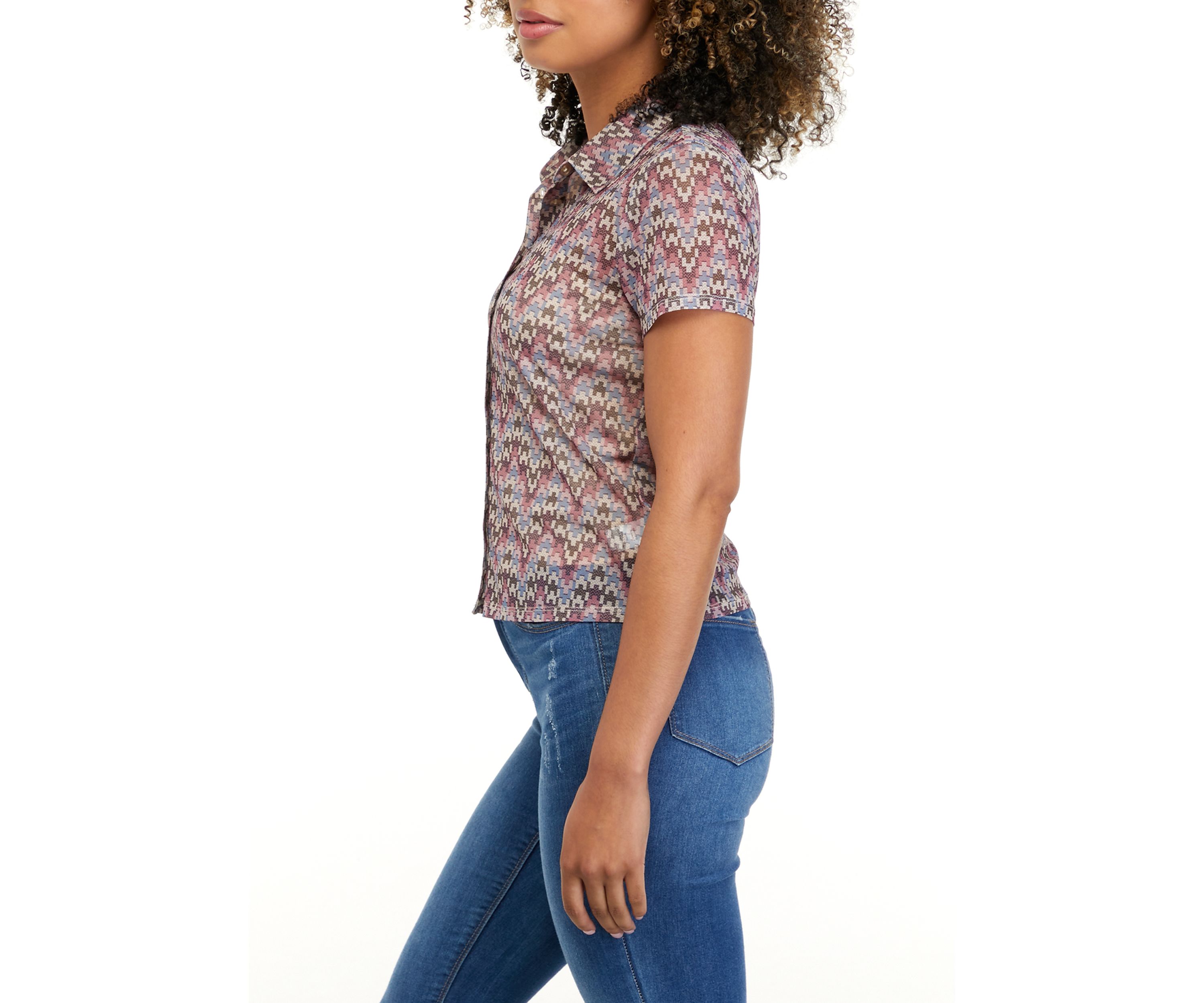 Juniors Short Sleeve Collar Mesh Top 