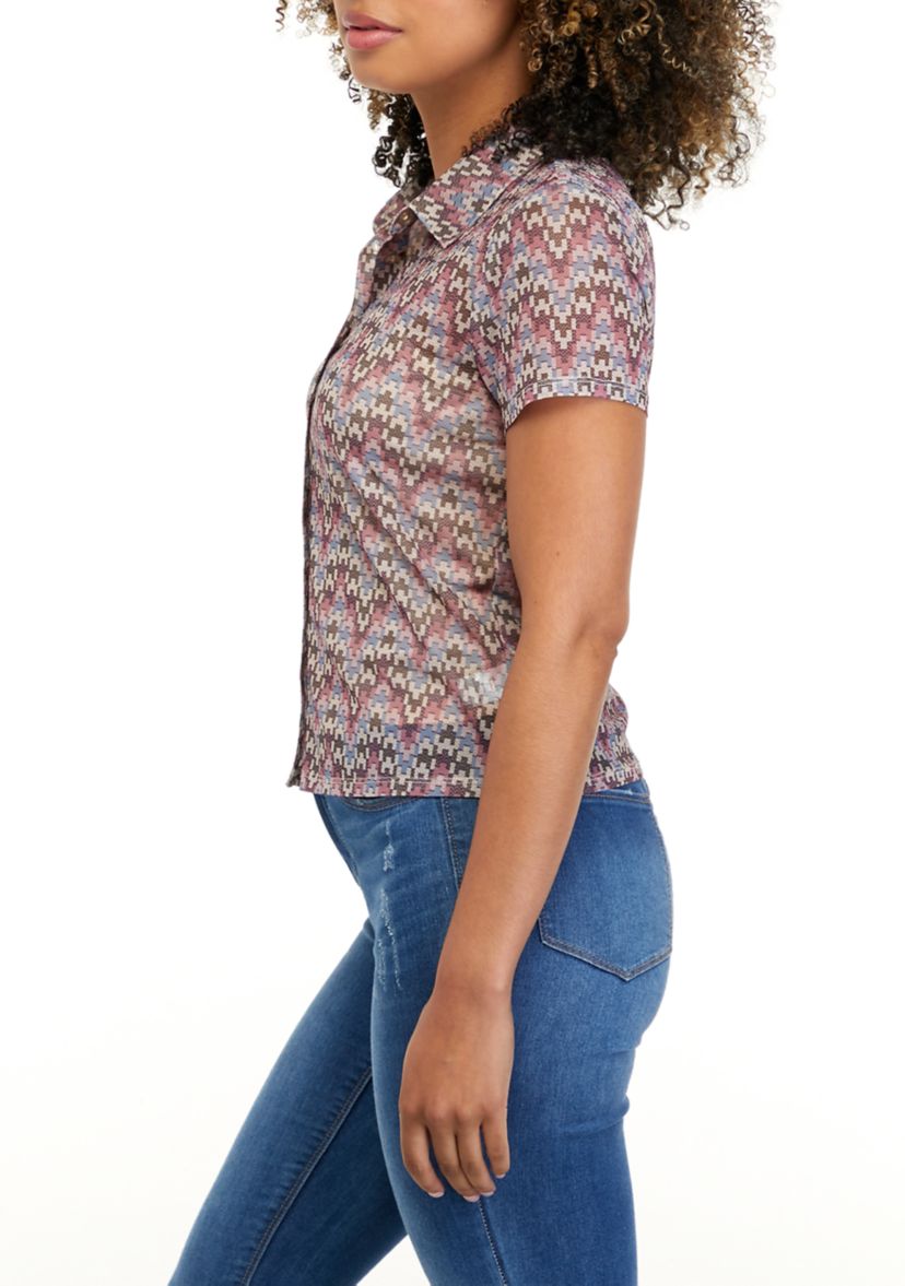 Juniors Short Sleeve Collar Mesh Top 