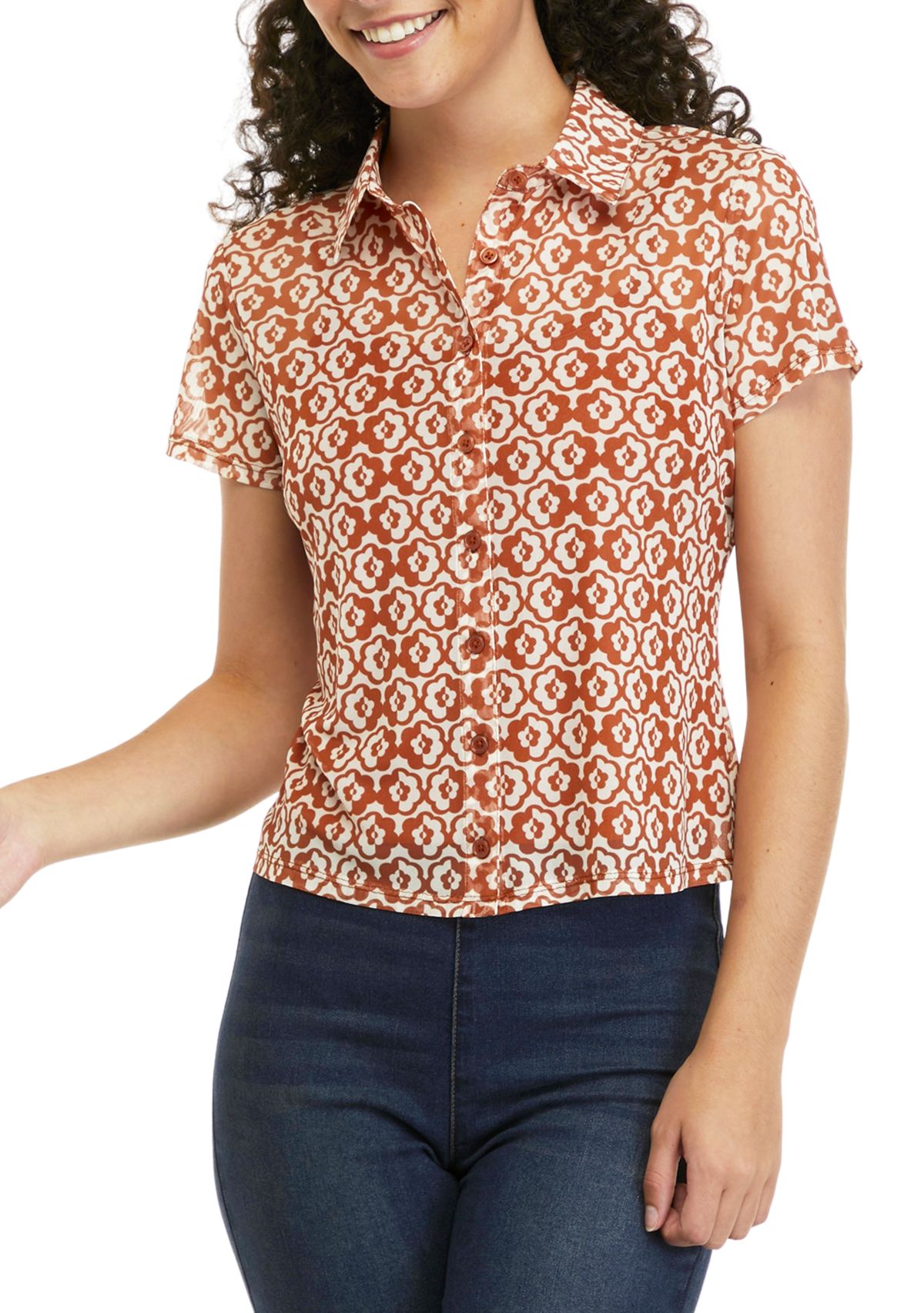Juniors Short Sleeve Johnny Collar Mesh Top 