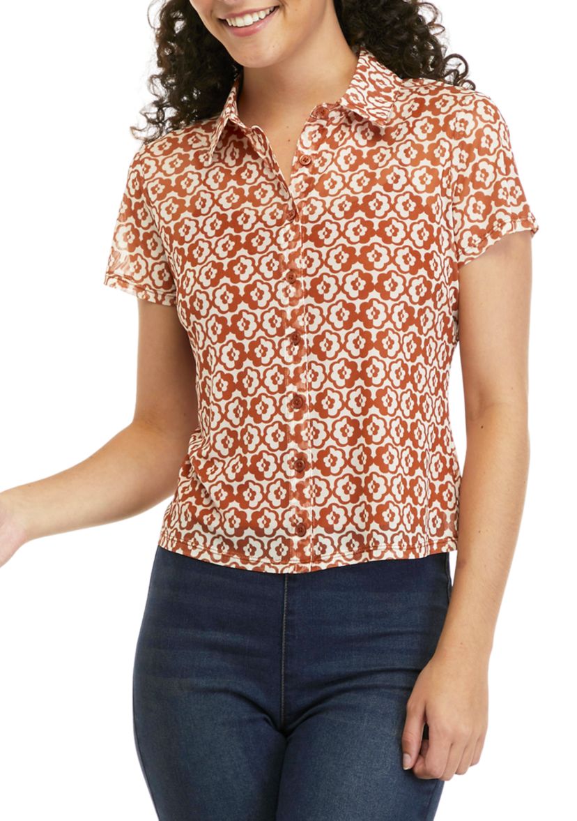 Juniors Short Sleeve Johnny Collar Mesh Top 