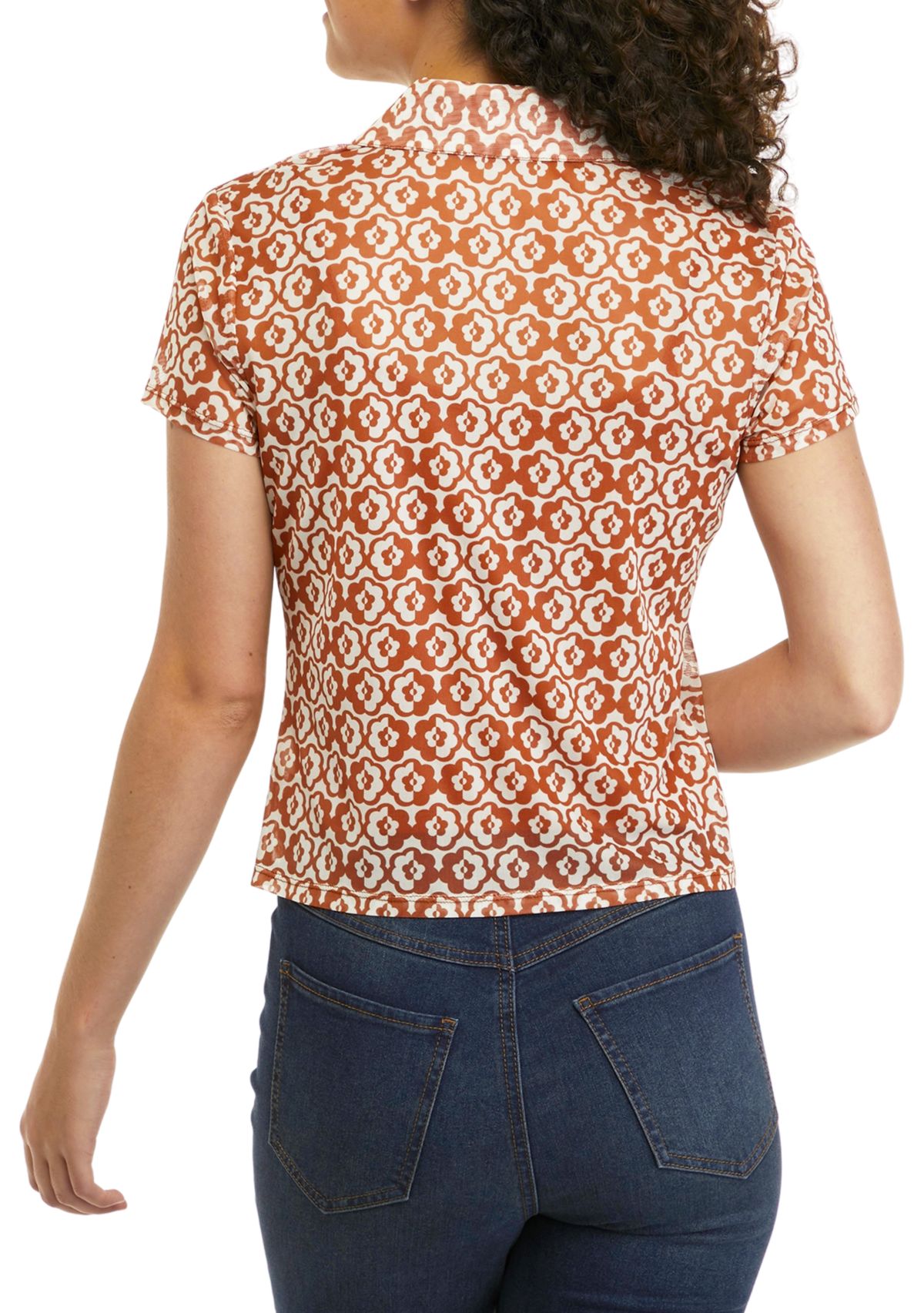 Juniors Short Sleeve Johnny Collar Mesh Top 