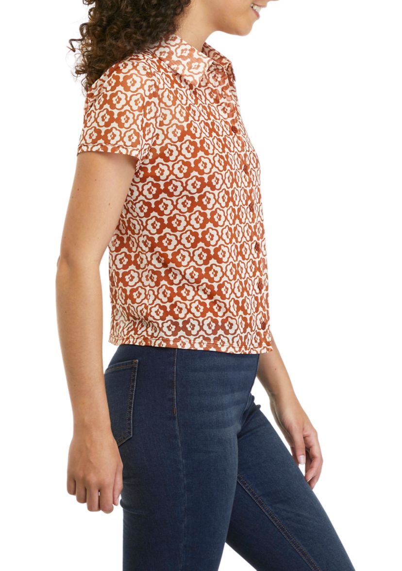 Juniors Short Sleeve Johnny Collar Mesh Top 