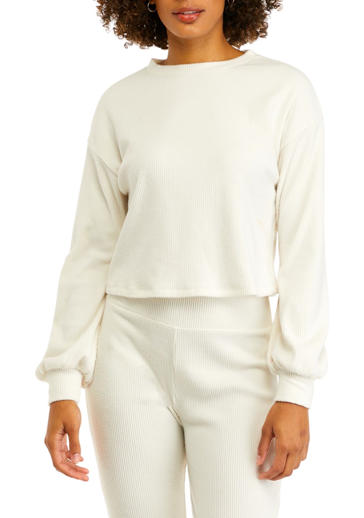 Juniors Long Blouson Sleeve Cropped Crew Neck Top