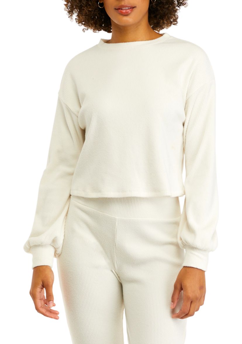 Juniors Long Blouson Sleeve Cropped Crew Neck Top