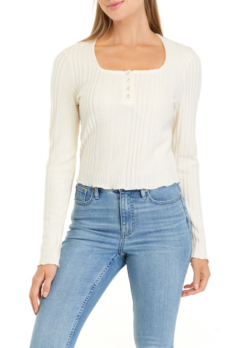 Juniors Long Sleeve Ribbed Henley Shirt
